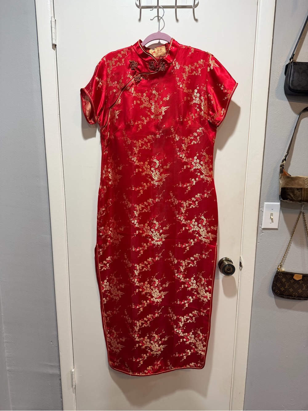 Red Satin Floral Cheongsam Qipao Dress